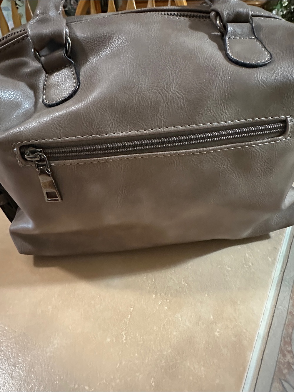 Taupe Structured Boston Satchel Handbag with Detachable Strap - Picture 6 of 14
